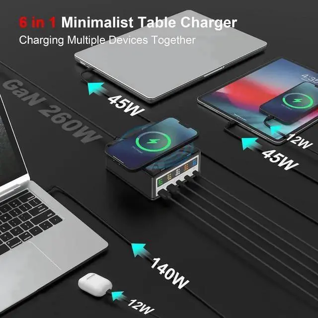 Alt view image 5 of 7 - 260W Multi-Device Charging Station with LCD Display, 5-Port Desktop Charger Station Featuring 3 USB-C, 2 USB-A Ports & 15W Wireless Charger, Universal Fast Charging Dock for iPhone, iPad, Cell Phones,