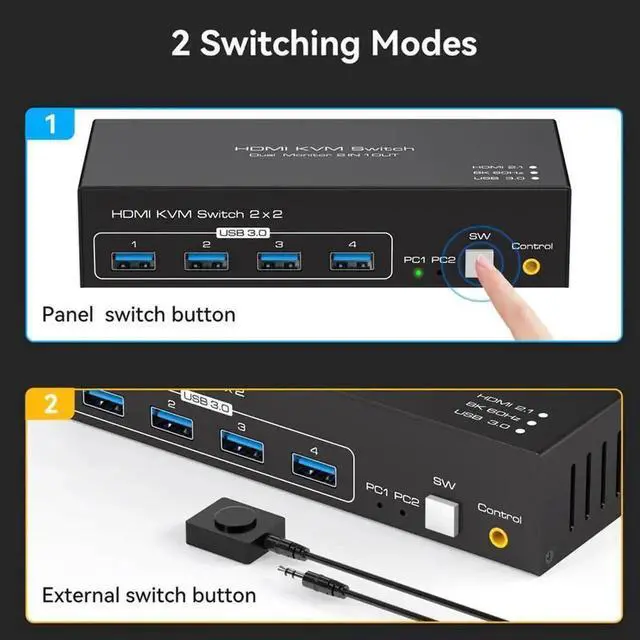Alt view image 6 of 7 - Vszerda 2-Port Dual HDMI KVM Switch 2 In 2 Out, 8K@60Hz 4K@120Hz, 4 USB3.0 Ports