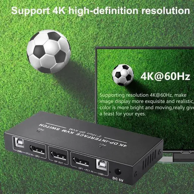 Alt view image 4 of 6 - Vszerda 2 Port 2 In 1 Out DP KVM Switch 4K@60Hz, 2 PCs Share One Monitor, Keyboard, Mouse & Printer