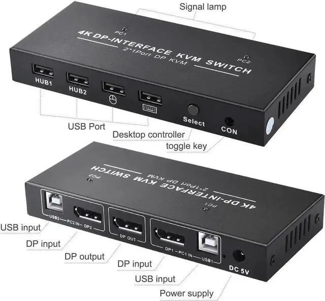 Alt view image 5 of 6 - Vszerda 2 Port 2 In 1 Out DP KVM Switch 4K@60Hz, 2 PCs Share One Monitor, Keyboard, Mouse & Printer