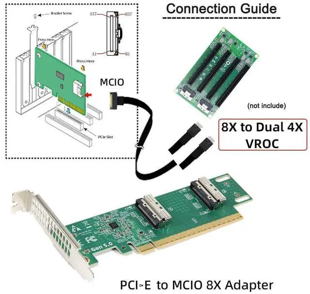 Alt view image 2 of 7 - Vszerda PCIe 5.0 x16 to Dual MCIO 8i SFF-TA-1016 VROC Adapter Card, Mini Cool Edge IO Converter for Motherboard NVMe SSD & Graphics Card Expansion