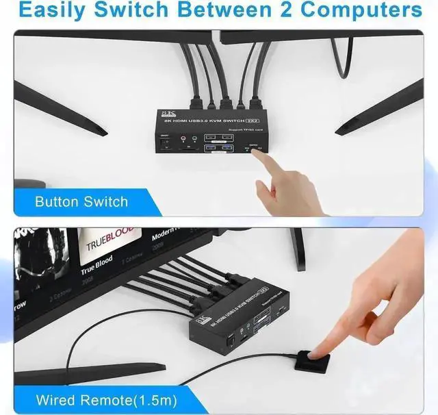 Alt view image 5 of 7 - Vszerda 2 Port Dual Monitor HDMI KVM Switch 2 In 2 Out, 8K@60Hz 4K@120Hz USB3.0 KVM Switcher with Audio Mic, SD & TF Card Slots for 2 PCs Share 2 Monitors and 4 USB Devices