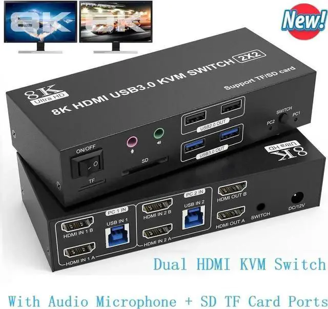 Main image of Vszerda 2 Port Dual Monitor HDMI KVM Switch 2 In 2 Out, 8K@60Hz 4K@120Hz USB3.0 KVM Switcher with Audio Mic, SD & TF Card Slots for 2 PCs Share 2 Monitors and 4 USB Devices