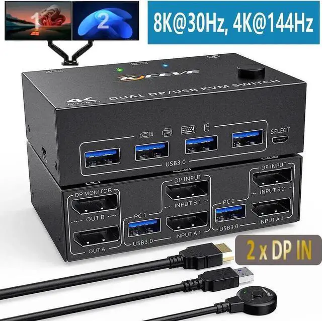 Main image of Vszerda 2 Port Dual Monitor DP KVM Switch DP1.4, 8K@30Hz 4K@144Hz USB3.0 KVM Switcher 2 In 2 Out with 4 USB 3.0 Ports, Wired Remote & 4 Pack Cables Included for 2 PCs Share Two Displays
