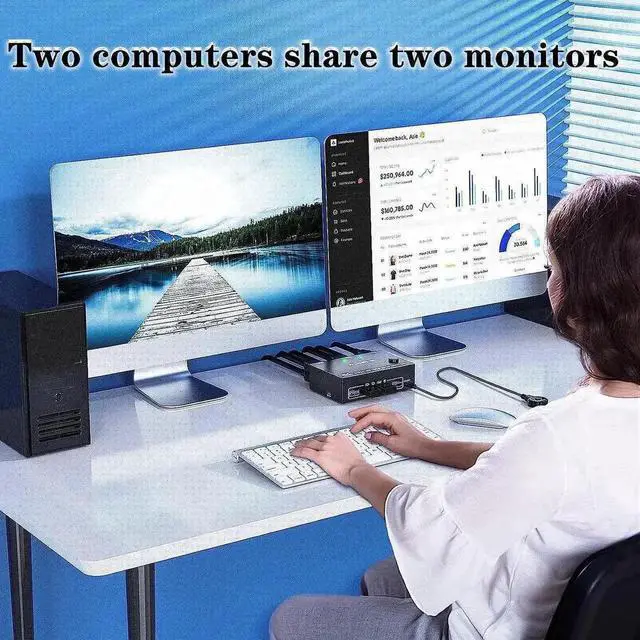 Alt view image 5 of 7 - Vszerda 2 Port Dual Monitor DP KVM Switch DP1.4, 8K@30Hz 4K@144Hz USB3.0 KVM Switcher 2 In 2 Out with 4 USB 3.0 Ports, Wired Remote & 4 Pack Cables Included for 2 PCs Share Two Displays