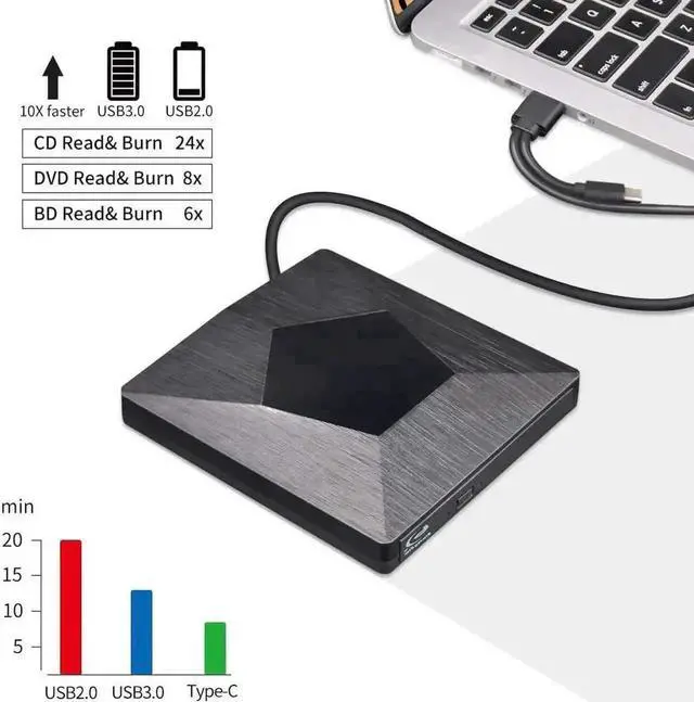 Alt view image 5 of 7 - Vszerda Black Ultra Slim USB 3.0 Type-C External 3D Blu-ray BD CD DVD RW Burner Drive Compatible with Mac OS Windows XP/7/8/10 Laptop Desktop PC
