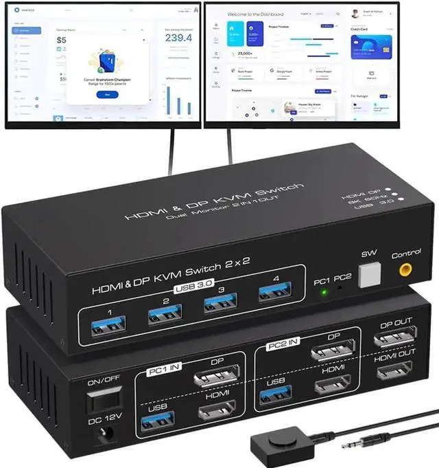 Main image of Vszerda 2 Port Dual Monitor DP+HDMI KVM Switch, 8K@60Hz 4K@120Hz USB3.0 KVM Switcher 2 In 2 Out for 2 PCs Share 2 Monitors with 4 USB 3.0 Ports, Support Extend & Mirror Display