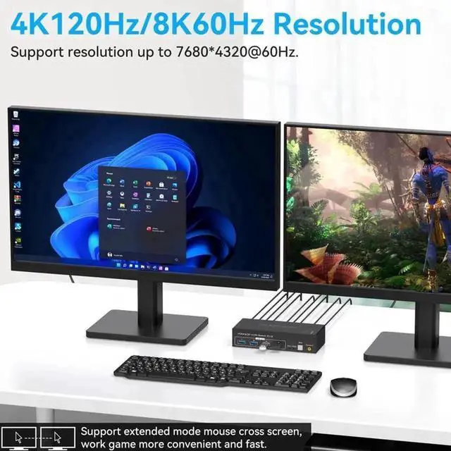 Alt view image 2 of 7 - Vszerda 2 Port Dual Monitor DP+HDMI KVM Switch, 8K@60Hz 4K@120Hz USB3.0 KVM Switcher 2 In 2 Out for 2 PCs Share 2 Monitors with 4 USB 3.0 Ports, Support Extend & Mirror Display