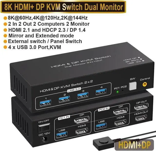 Alt view image 3 of 7 - Vszerda 2 Port Dual Monitor DP+HDMI KVM Switch, 8K@60Hz 4K@120Hz USB3.0 KVM Switcher 2 In 2 Out for 2 PCs Share 2 Monitors with 4 USB 3.0 Ports, Support Extend & Mirror Display