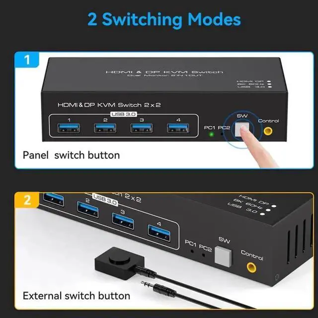 Alt view image 7 of 7 - Vszerda 2 Port Dual Monitor DP+HDMI KVM Switch, 8K@60Hz 4K@120Hz USB3.0 KVM Switcher 2 In 2 Out for 2 PCs Share 2 Monitors with 4 USB 3.0 Ports, Support Extend & Mirror Display