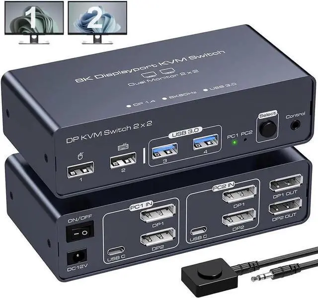 Main image of Vszerda 2 Port 2-In-2-Out Dual Monitor DisplayPort 1.4 KVM Switch 8K@60Hz 4K@120Hz USB 3.0, Aluminum Housing, with USB3.0 to USB-C Cable, 4 USB Peripherals Sharing for 2 PCs & 2 Displays