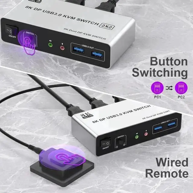 Alt view image 4 of 7 - Vszerda 2 Port Dual Monitor DP 1.4 KVM Switch 8K@60Hz, 2 PCs Share 2 DP Screens, 3 USB 3.0 & Audio Mic Port, Support Extended & Duplicate Display