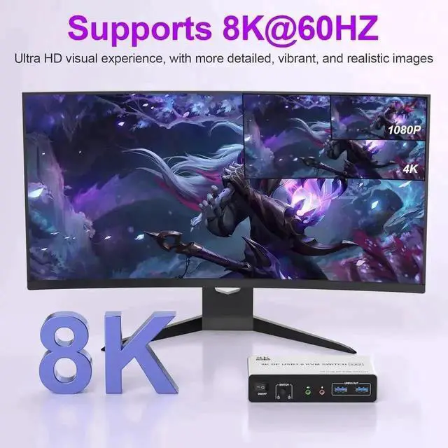 Alt view image 2 of 7 - Vszerda 2 Port Dual Monitor DP 1.4 KVM Switch 8K@60Hz, 2 PCs Share 2 DP Screens, 3 USB 3.0 & Audio Mic Port, Support Extended & Duplicate Display