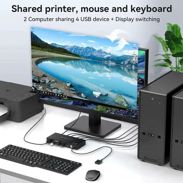 Alt view image 3 of 7 - Vszerda 2 Port DP 1.4 KVM Switch 8K@60Hz, 4-Port USB 3.0 Hub, Wired Controller for 2 DP Devices Share One Set of Monitor & USB Peripherals