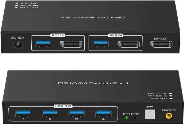 Main image of Vszerda 2 Port DP 1.4 KVM Switch 8K@60Hz, 4-Port USB 3.0 Hub, Wired Controller for 2 DP Devices Share One Set of Monitor & USB Peripherals