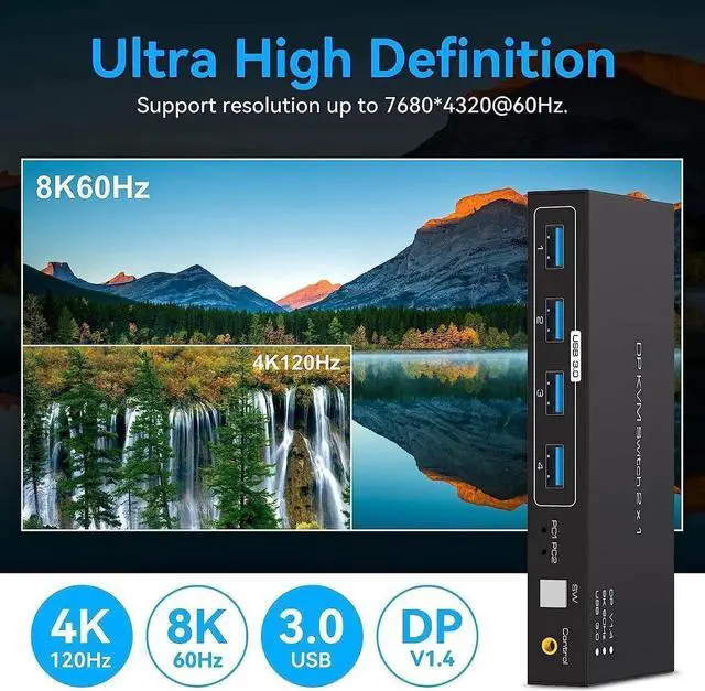 Alt view image 7 of 7 - Vszerda 2 Port DP 1.4 KVM Switch 8K@60Hz, 4-Port USB 3.0 Hub, Wired Controller for 2 DP Devices Share One Set of Monitor & USB Peripherals