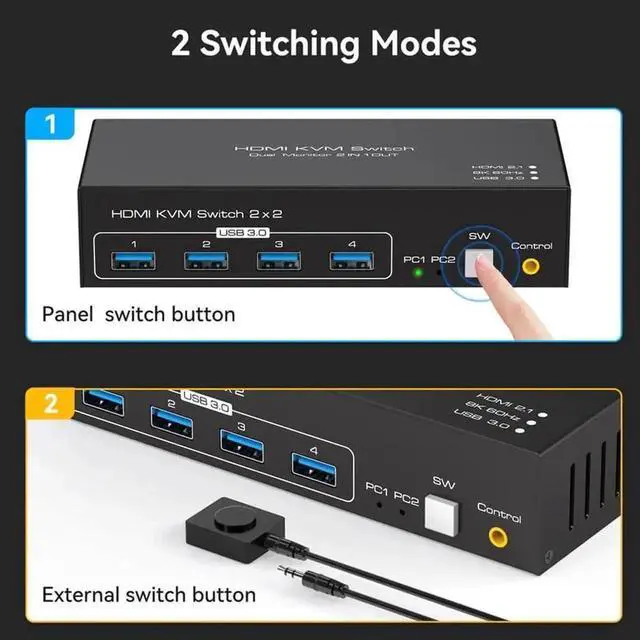Alt view image 2 of 7 - Vszerda 2-Port Dual HDMI KVM Switch, 8K@60Hz 4K@120Hz, 4 USB3.0 Ports, Desktop Controller