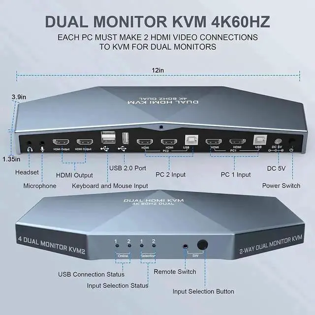 Alt view image 3 of 7 - Vszerda 2 PCs Dual Monitor HDMI KVM Switch 4K@60Hz HDCP 2.2, 4×2 Dual Display KVM Switcher