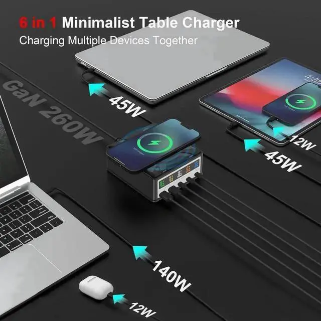 Alt view image 6 of 7 - Vszerda 260W 5-Port USB C Charging Station with Wireless Charger, Fast Desktop Multi Device Charger for MacBook, iPad, iPhone 15/14, Samsung Galaxy S24 Ultra