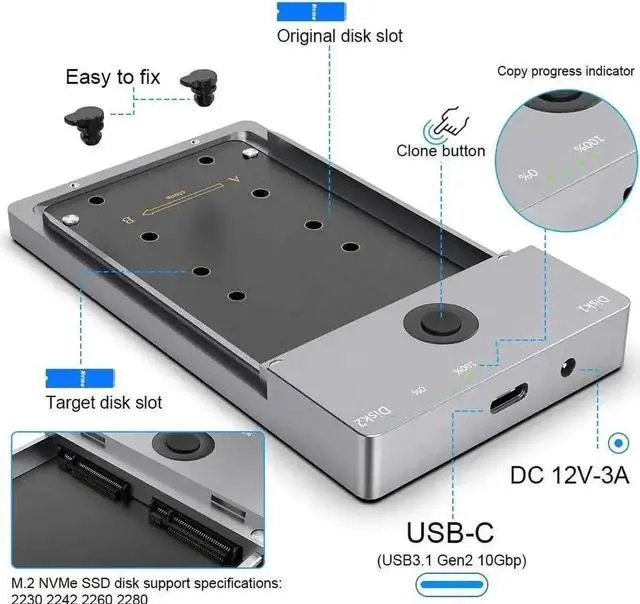 Alt view image 4 of 7 - Vszerda Dual-Bay M.2 NVMe SSD Docking Station with Offline Clone Duplicator, 10Gbps USB-C & USB-A Interface, M-Key NVMe Enclosure Supports 2230/2242/2260/2280 SSDs Up to 8TB Per Slot