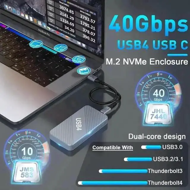 Alt view image 3 of 7 - Vszerda 40Gbps USB4 M.2 NVMe SSD Enclosure, Aluminum Thunderbolt 3/4 External M.2 Case, Supports 2280 B+M M-Key PCIe SSD, Compatible USB4.0/3.2/3.1/3.0, With USB-C Cable