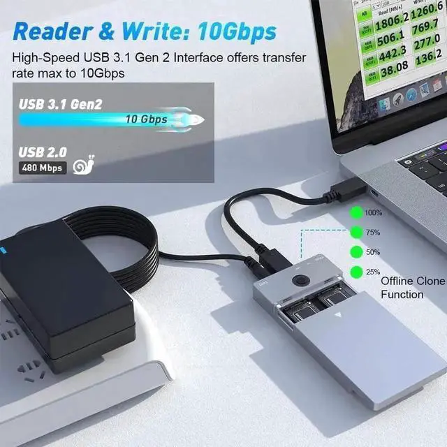Alt view image 6 of 7 - Vszerda Dual-Bay M.2 NVMe SSD Docking Station with Offline Clone Duplicator, 10Gbps USB-C & USB-A Interface, M-Key NVMe Enclosure Supports 2230/2242/2260/2280 SSDs Up to 8TB Per Slot