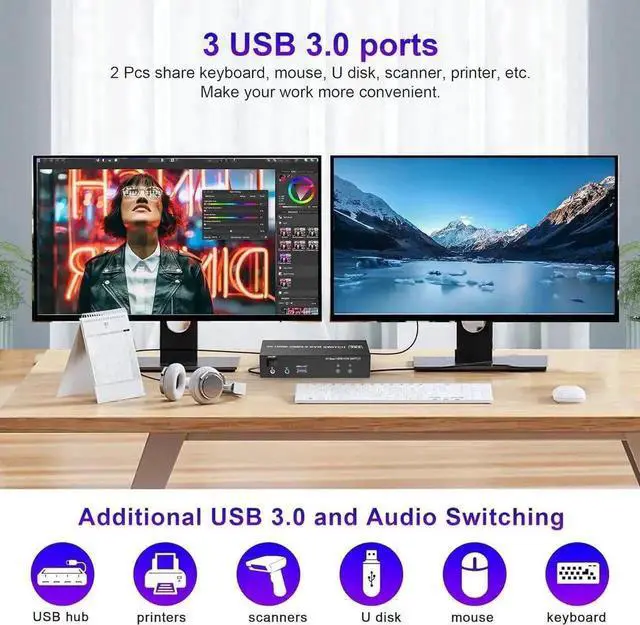 Alt view image 7 of 7 - Vszerda 2 Port Dual HDMI USB 3.0 KVM Switch, 4K@60Hz KVM Switcher with Audio & Mic, 3 USB 3.0 Ports for 2 PCs Share 2 Monitors Keyboard Mouse, Support Extended Display