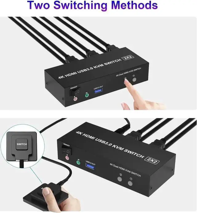 Alt view image 6 of 7 - Vszerda 2 Port Dual HDMI USB 3.0 KVM Switch, 4K@60Hz KVM Switcher with Audio & Mic, 3 USB 3.0 Ports for 2 PCs Share 2 Monitors Keyboard Mouse, Support Extended Display