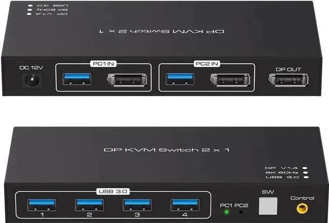 Main image of Vszerda 2-Port DP 1.4 KVM Switch 2 In 1 Out, 8K@60Hz, 4 USB3.0 Ports, Wired Controller Included