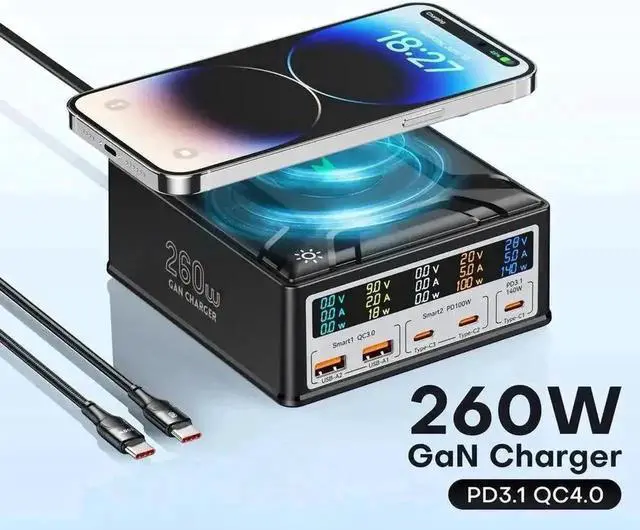 Main image of Vszerda 260W 5-Port GaN Charging Station with Wireless Charger, 3USB-C+2USB-A Multi-Port Fast Charging Cube Power Adapter