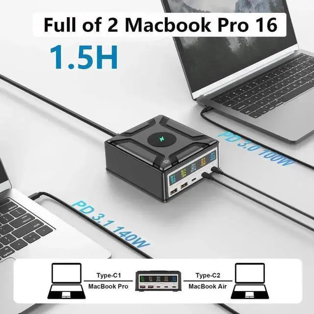 Alt view image 3 of 7 - Vszerda 260W 5-Port GaN Charging Station with Wireless Charger, 3USB-C+2USB-A Multi-Port Fast Charging Cube Power Adapter