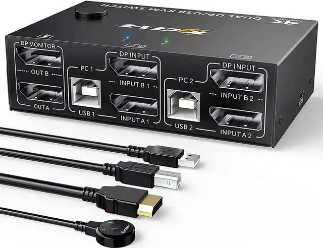 Main image of 2 Port DP 1.4 Dual Monitor KVM Switch 2 In 2 Out, 8K@30Hz 4K@144Hz USB3.0 KVM Switcher with 4-Port USB Hub, DP1.2 Backward Compatible, Comes with DP & USB Cables + Wired Remote Controller for 2 PCs Sh