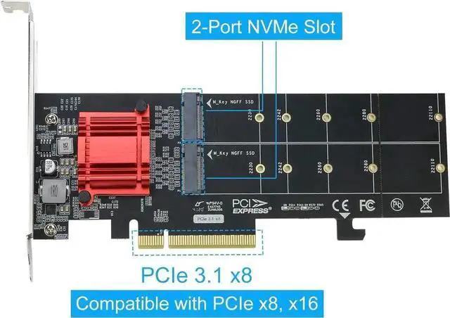 Alt view image 2 of 5 - Vszerda Dual M.2 M-Key NVMe to PCIe 3.1 x8/x16 Expansion Card, Supports Multi-Size 2230/2242/2260/2280/22110 NVMe SSD