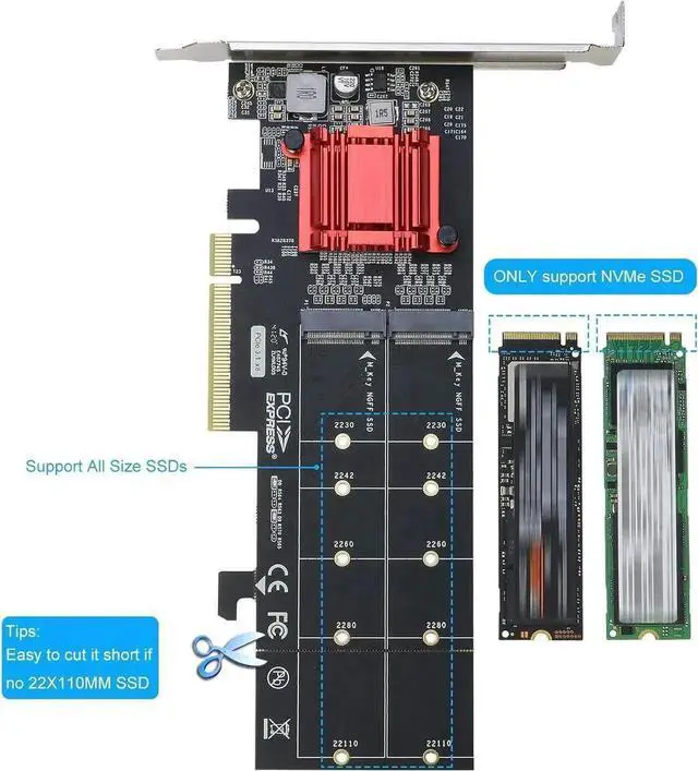 Alt view image 5 of 5 - Vszerda Dual M.2 M-Key NVMe to PCIe 3.1 x8/x16 Expansion Card, Supports Multi-Size 2230/2242/2260/2280/22110 NVMe SSD