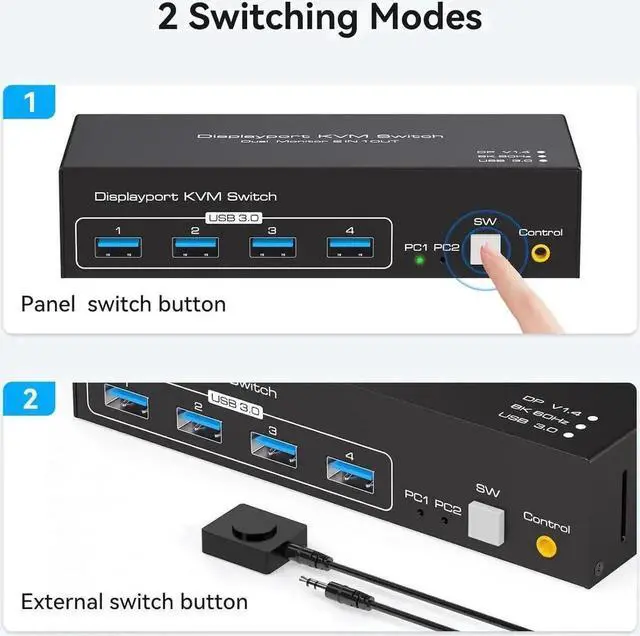 Alt view image 7 of 7 - Vszerda 2-Port Dual Monitor DP USB3.0 KVM Switch, 8K/4K@120Hz, 4 USB Ports, With 12V/1A Adapter, Wired Remote & 2 USB3.0 Cables
