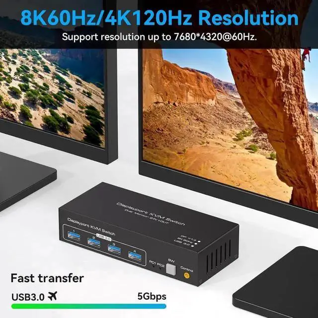 Alt view image 4 of 7 - Vszerda 2-Port Dual Monitor DP USB3.0 KVM Switch, 8K/4K@120Hz, 4 USB Ports, With 12V/1A Adapter, Wired Remote & 2 USB3.0 Cables