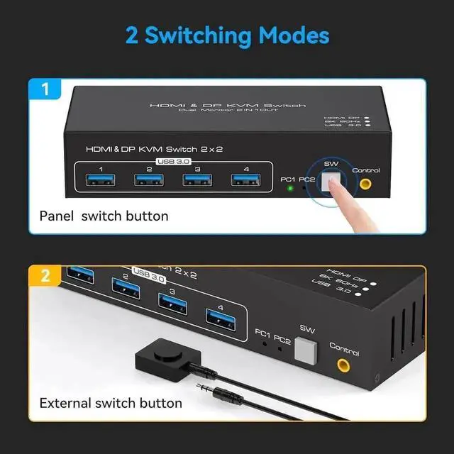 Alt view image 6 of 7 - Vszerda 2 Port Dual Monitor HDMI DP KVM Switch 8K@60Hz, 2 PCs Share 2 Screens, 4 USB 3.0 Ports, Duplicate & Extended Display with Desktop Switch Controller