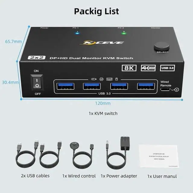 Alt view image 5 of 7 - Vszerda 2 Port Hybrid HDMI + DP Dual Monitor USB 3.0 KVM Switch, 8K@60Hz, 4 USB3.0 Ports for 2 PCs Sharing 2 Monitors, Keyboard & Mouse