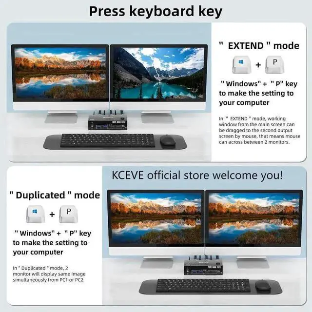 Alt view image 7 of 7 - Vszerda 2 Port Hybrid HDMI + DP Dual Monitor USB 3.0 KVM Switch, 8K@60Hz, 4 USB3.0 Ports for 2 PCs Sharing 2 Monitors, Keyboard & Mouse