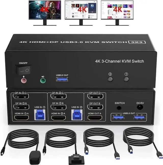Main image of Vszerda 2 PCs Triple Monitor KVM Switch (1 HDMI + 2 DisplayPort) USB 3.0, 4K@60Hz, Built-in Audio & 3 USB3.0 Ports for Sharing 3 Monitors, Keyboard & Mouse