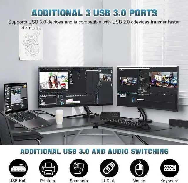 Alt view image 4 of 7 - Vszerda 2 PCs Triple Monitor KVM Switch (1 HDMI + 2 DisplayPort) USB 3.0, 4K@60Hz, Built-in Audio & 3 USB3.0 Ports for Sharing 3 Monitors, Keyboard & Mouse