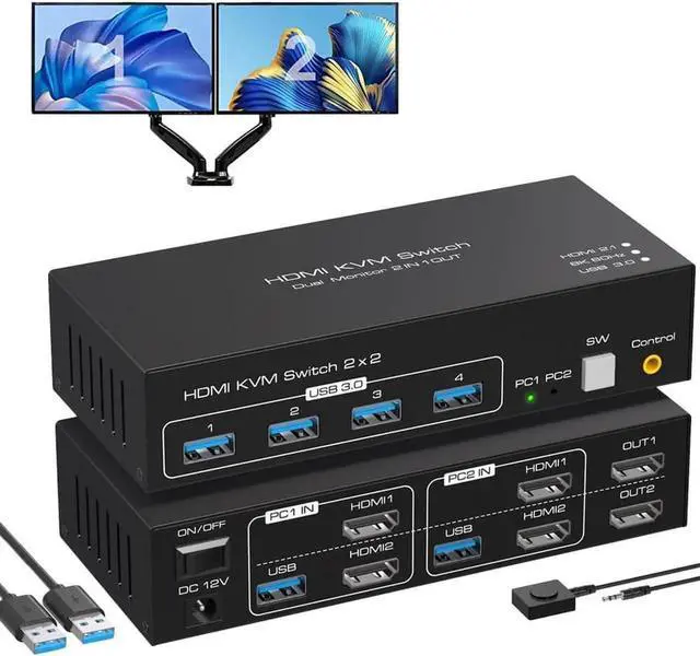 Main image of Vszerda 2 Port 2x2 Dual Monitor HDMI KVM Switch 8K@60Hz 4K@120Hz, USB 3.0 KVM Switcher with 4 USB 3.0 Ports, Mirror & Extended Display, Desktop Controller Included