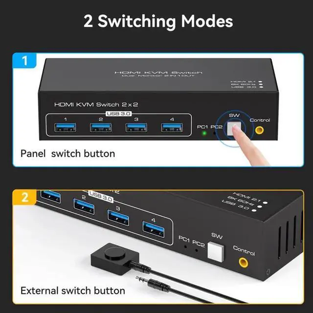 Alt view image 5 of 7 - Vszerda 2 Port 2x2 Dual Monitor HDMI KVM Switch 8K@60Hz 4K@120Hz, USB 3.0 KVM Switcher with 4 USB 3.0 Ports, Mirror & Extended Display, Desktop Controller Included