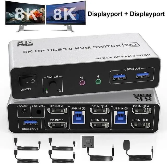 Main image of Vszerda 2 Port Dual Monitor DP USB 3.0 KVM Switch 8K@60Hz/4K@144Hz, Separate Audio & Mic Jacks, 3 USB3.0 Ports, Desktop Controller & 2 USB Cables Included for 2 PCs