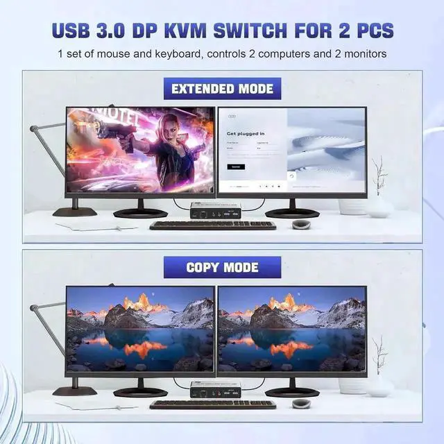 Alt view image 4 of 7 - Vszerda 2 Port Dual Monitor DP USB 3.0 KVM Switch 8K@60Hz/4K@144Hz, Separate Audio & Mic Jacks, 3 USB3.0 Ports, Desktop Controller & 2 USB Cables Included for 2 PCs