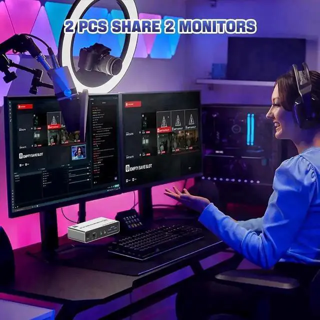 Alt view image 7 of 7 - Vszerda 2 Port Dual Monitor DP USB 3.0 KVM Switch 8K@60Hz/4K@144Hz, Separate Audio & Mic Jacks, 3 USB3.0 Ports, Desktop Controller & 2 USB Cables Included for 2 PCs