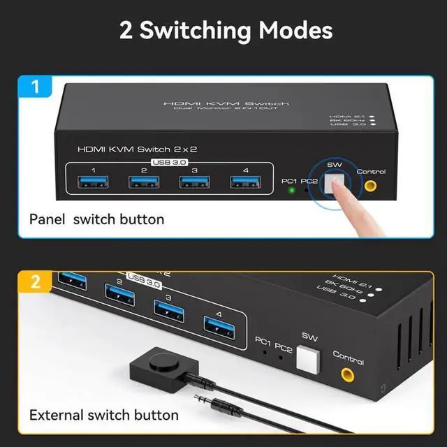 Alt view image 6 of 7 - Vszerda 2 Port 2-In-2-Out Dual Monitor HDMI KVM Switch 8K@60Hz 4K@120Hz USB 3.0, 4 USB 3.0 Ports for 2 PCs Share Dual Displays, Keyboard & Peripherals