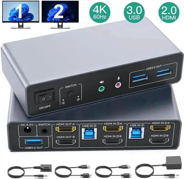 Main image of Vszerda 2 Port Dual Monitor HDMI USB 3.0 KVM Switch 4K@60Hz, Support Extended & Mirrored Display, 3 USB3.0 Ports, Desktop Controller & 2 USB Cables Included for 2 PCs