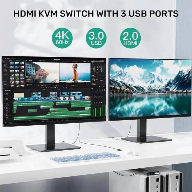 Alt view image 2 of 7 - Vszerda 2 Port Dual Monitor HDMI USB 3.0 KVM Switch 4K@60Hz, Support Extended & Mirrored Display, 3 USB3.0 Ports, Desktop Controller & 2 USB Cables Included for 2 PCs