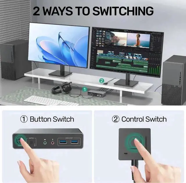 Alt view image 4 of 7 - Vszerda 2 Port Dual Monitor HDMI USB 3.0 KVM Switch 4K@60Hz, Support Extended & Mirrored Display, 3 USB3.0 Ports, Desktop Controller & 2 USB Cables Included for 2 PCs